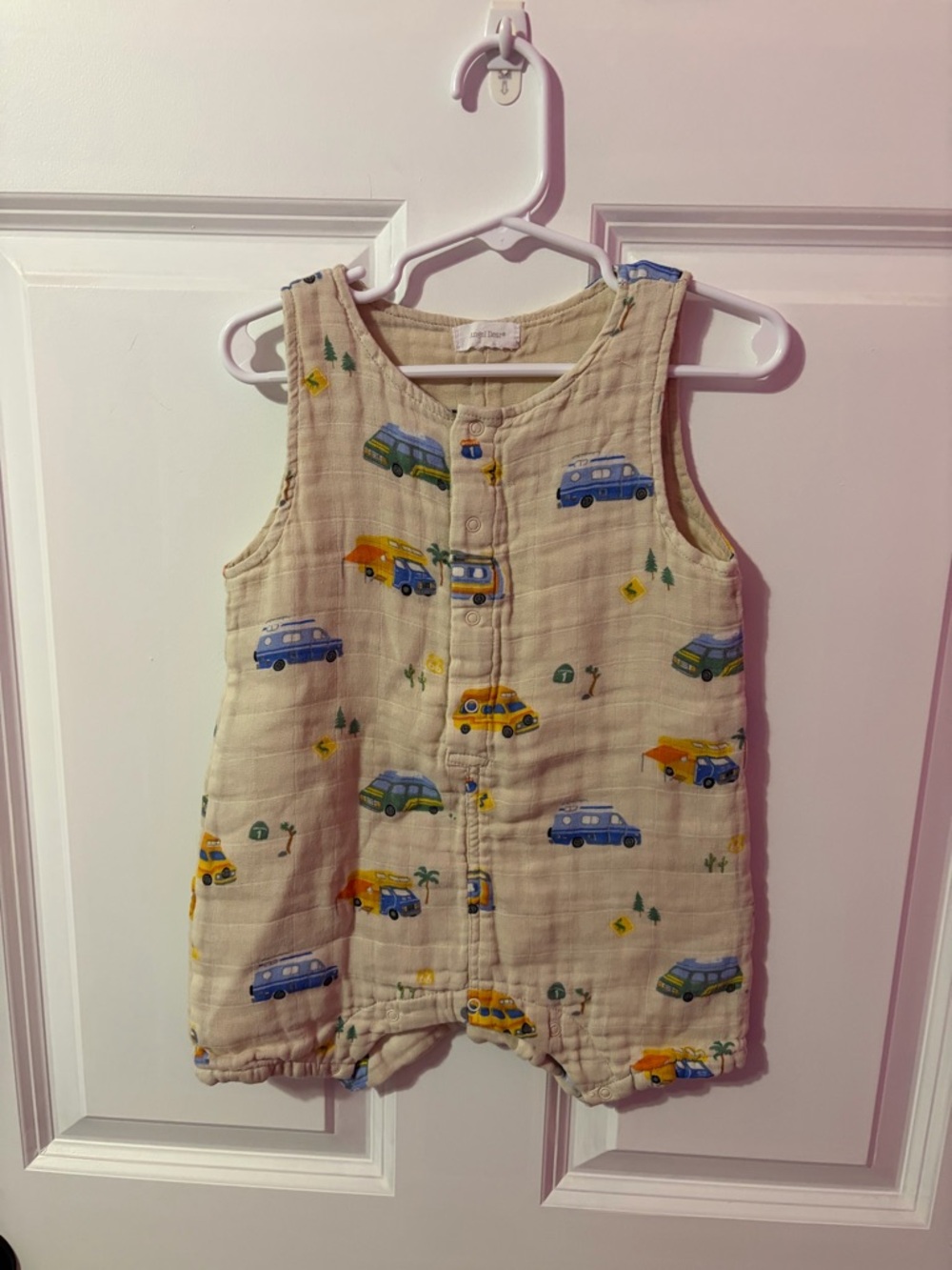 Angel Dear Beige Baby Romper with Colorful Vehicle Print